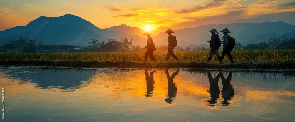 Silhouettes of Travelers at Sunset in a Rice Field Silhouettes of Travelers at Sunset in a Rice Field