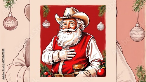 A cheerful Santa Claus dressed in cowboy attire during Christmas.