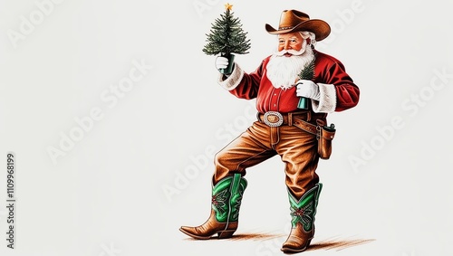 A cowboy Santa Claus holding a small Christmas tree.