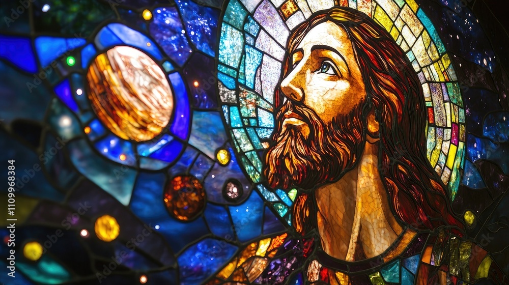Obraz premium Jesus as an astronaut in stained glass, vibrant hues showing celestial space with stars and planets as his background.