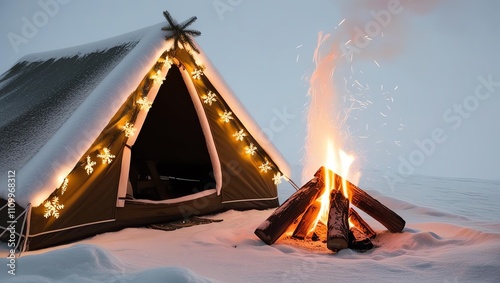 A cozy campsite with a tent and a warm campfire in the snow. photo