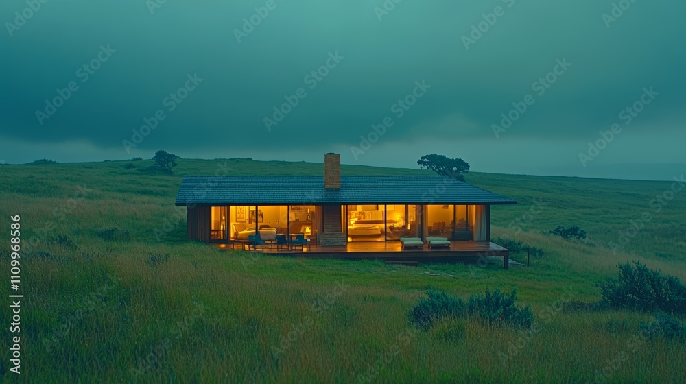 A modern, single-story house with a large deck and windows is illuminated by the glow of warm lights at dusk on a grassy hill. A modern, single-story house with a large deck and windows is illuminated by the glow of warm lights at dusk on a grassy hill.