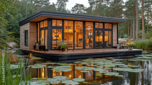 A modern, minimalist floating home with large windows and a wooden deck sits on a still pond at dusk, lit up by the warm glow of interior lights, surrounded by lily pads and lush foliage.