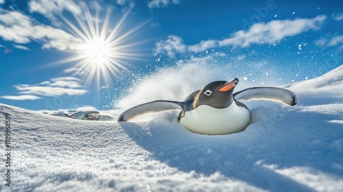 Joyful emperor penguins belly-sliding over a snowfield beneath a brilliant blue sky photo