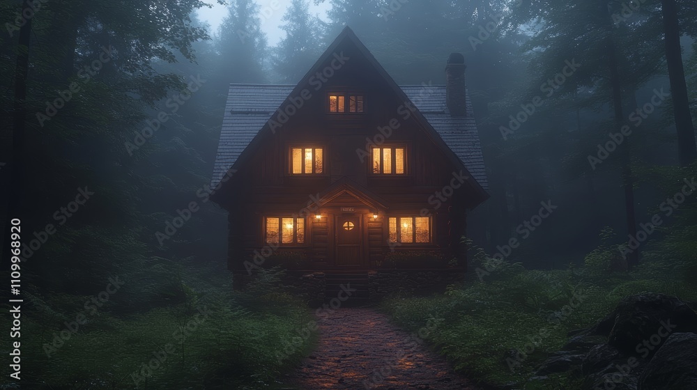 A mysterious wooden cabin glows with warm light in the depths of a foggy forest. A mysterious wooden cabin glows with warm light in the depths of a foggy forest.