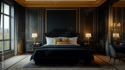 Modern bedroom with a black bed frame, gold trim, and a soft black-and-gold color palette for the bedding