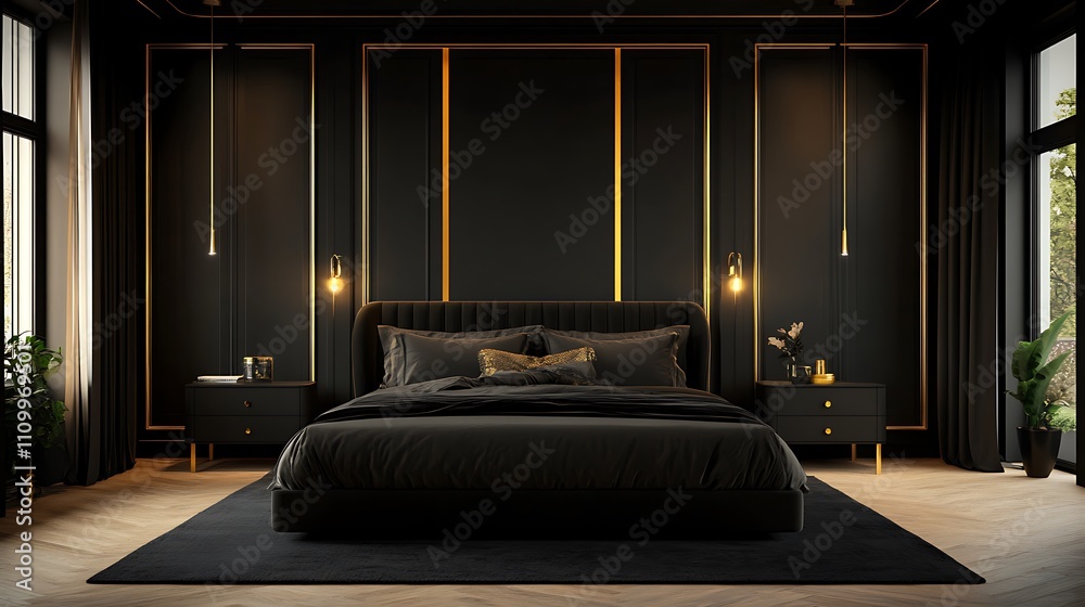 Modern bedroom with a black bed frame, gold trim, and a soft black-and-gold color palette for the bedding Modern bedroom with a black bed frame, gold trim, and a soft black-and-gold color palette for the bedding