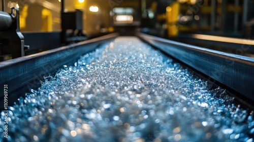 Crushed glass flows along a factory conveyor belt. Illustrates recycling, industrial processes, and manufacturing.