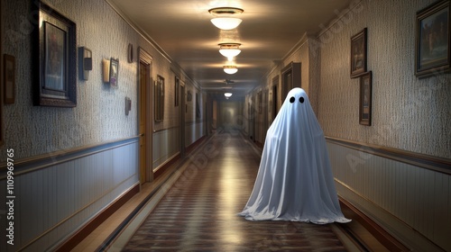 Mysterious Ghost Figure Haunting a Dimly Lit Hotel Corridor