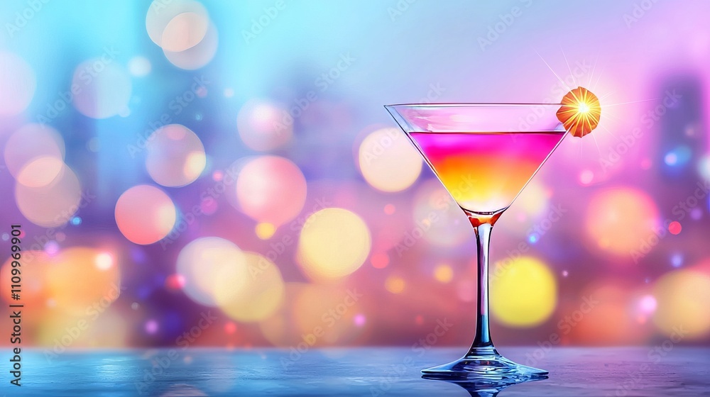 A colorful drink in a martini glass against a blurred city backdrop. A colorful drink in a martini glass against a blurred city backdrop.