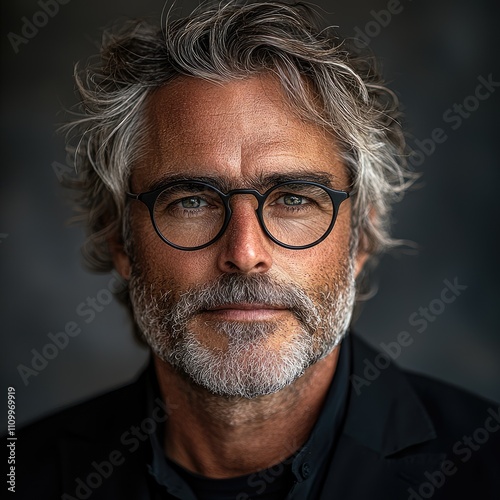 A distinguished senior executive with salt-and-pepper hair exudes confidence as he gazes directly at the viewer, dressed in a tailored black suit under graceful studio lighting