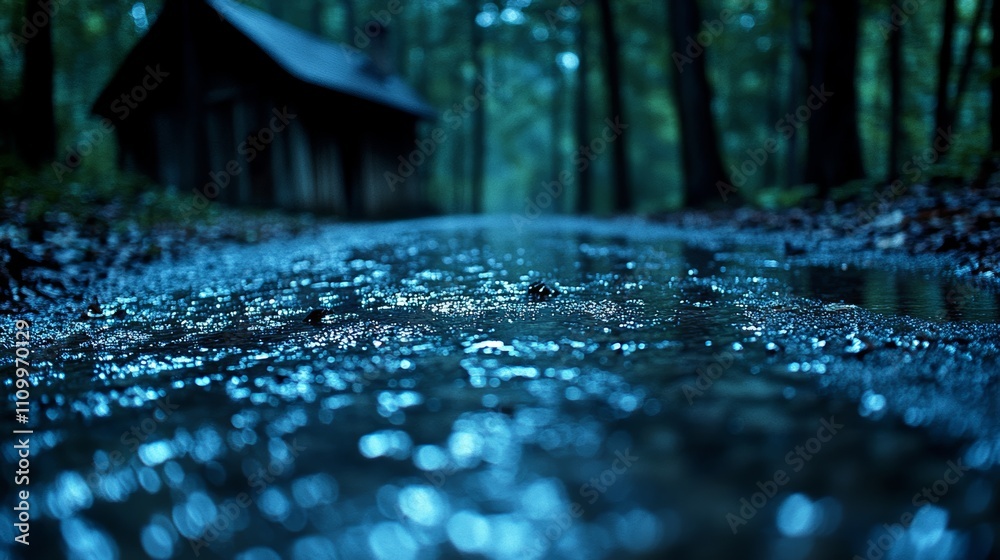 A puddle in the woods on a rainy day with a cabin in the distance. A puddle in the woods on a rainy day with a cabin in the distance.