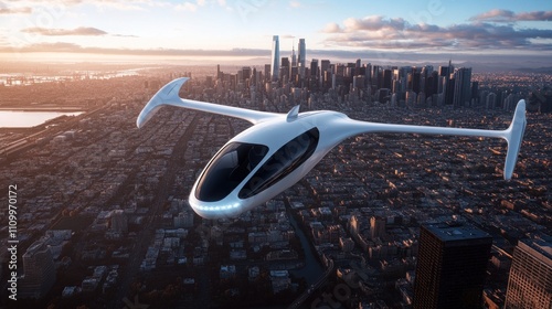 Futuristic Air Taxi Soaring Over City Skyline at Dawn photo