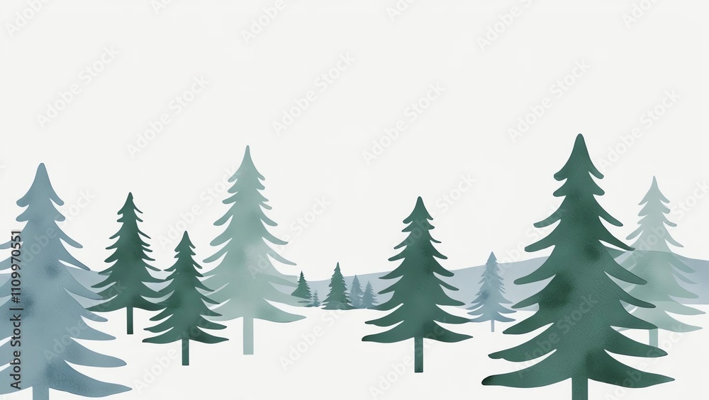 A serene representation of evergreen forests against a light backdrop. A serene representation of evergreen forests against a light backdrop.