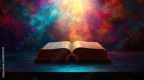 Mysterious Bible on a table, divine ray shining on it, with a vibrant horizon full of dramatic colors. photo