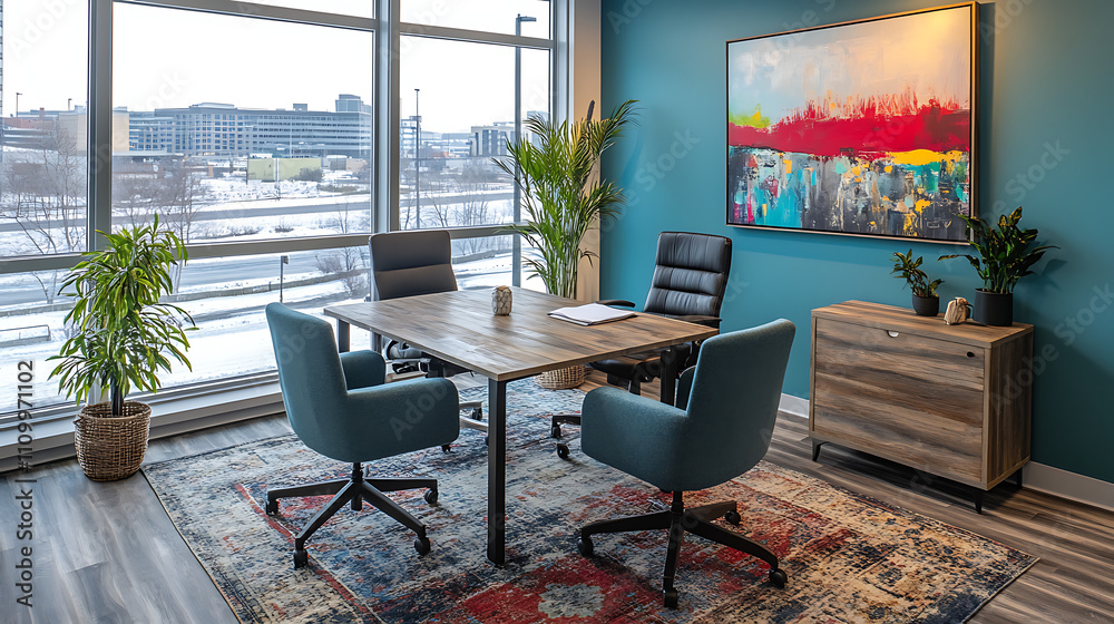 A modern office with an artistic vibe and a relaxed atmosphere A modern office with an artistic vibe and a relaxed atmosphere