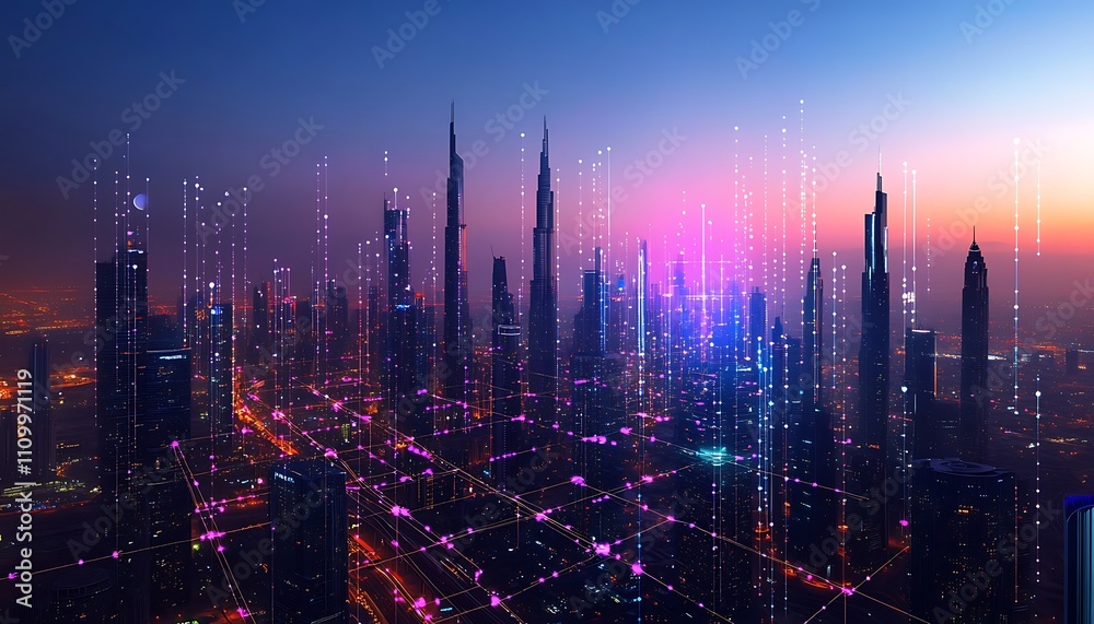 Fototapeta premium Futuristic cityscape at dawn with digital data streams.