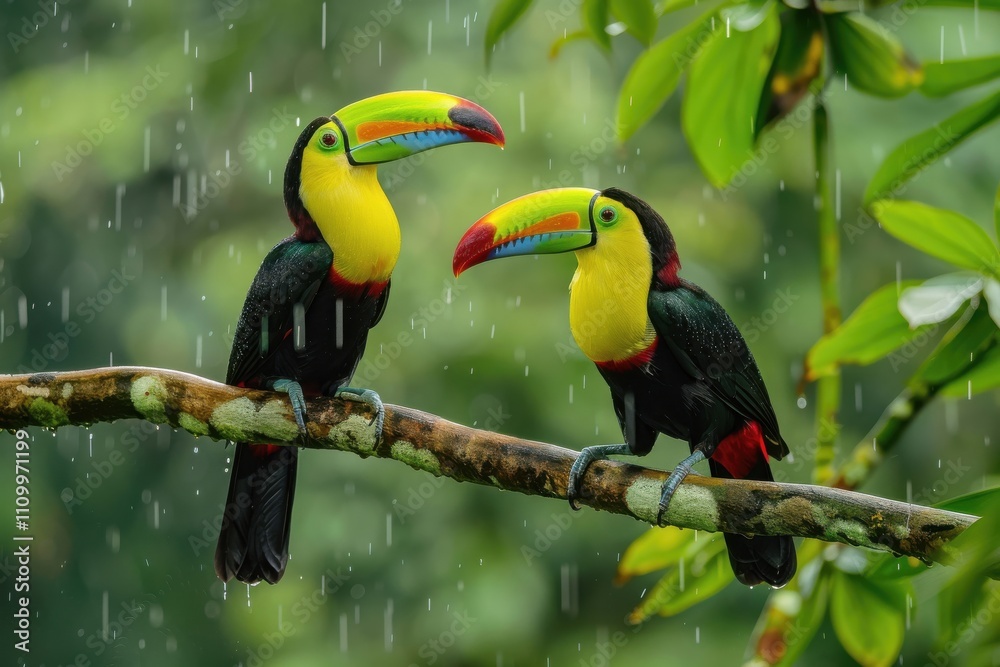 Nestled in the verdant foliage, two toucans display their striking plumage, adding a splash of color to the forest canopy. Nestled in the verdant foliage, two toucans display their striking plumage, adding a splash of color to the forest canopy.
