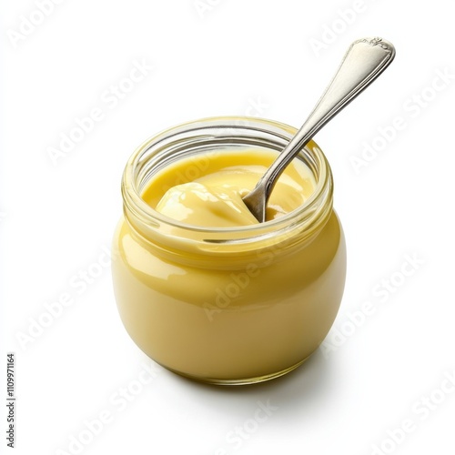 A jar of creamy hollandaise sauce with a spoon, isolated white background, hyperrealism art style