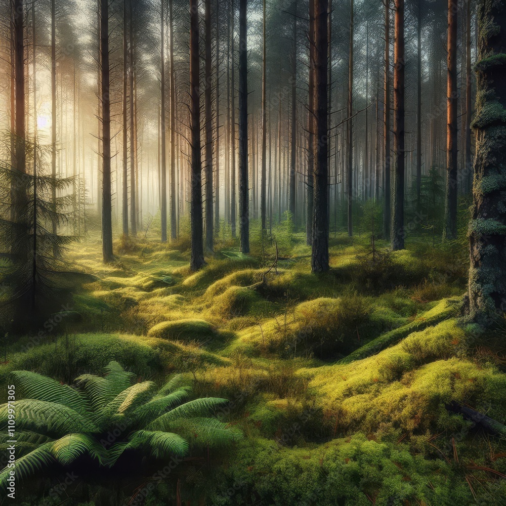 Obraz premium morning in a pine forest 