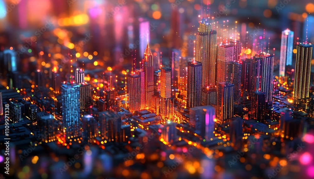 Vibrant futuristic cityscape at night, glowing buildings and lights. Vibrant futuristic cityscape at night, glowing buildings and lights.