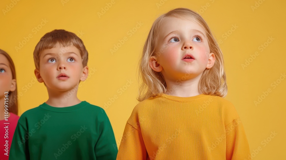 Kids Dance Class Concept, Children Performing a Synchronized Dance Routine in Bright Colors Against Yellow Background Kids Dance Class Concept, Children Performing a Synchronized Dance Routine in Bright Colors Against Yellow Background