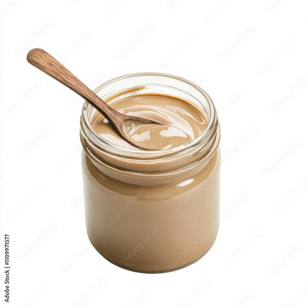 A jar of creamy tahini paste with a spoon, isolated white background, realism art style A jar of creamy tahini paste with a spoon, isolated white background, realism art style
