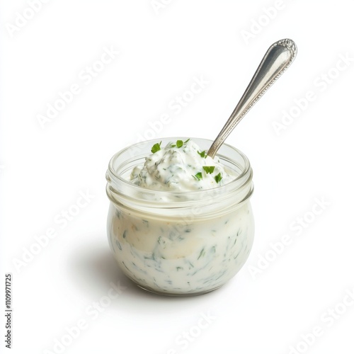 A jar of creamy tzatziki sauce with a spoon, isolated white background, hyperrealism art style