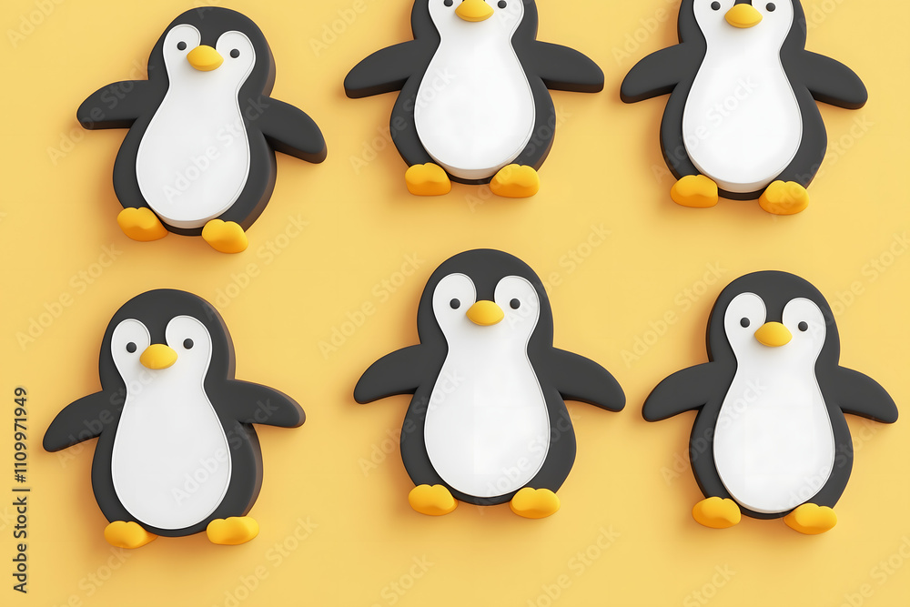 Fototapeta premium Cute 3D Penguin Stickers on Yellow Background