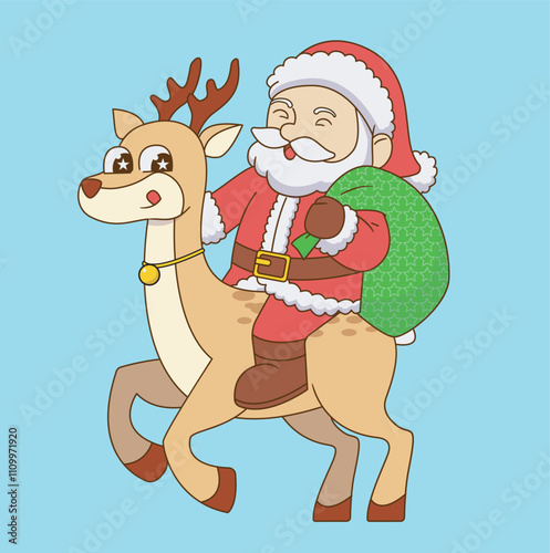 Santa Claus riding reindeer giving gifts. Cartoon Vector Illustration People Animal Isolated