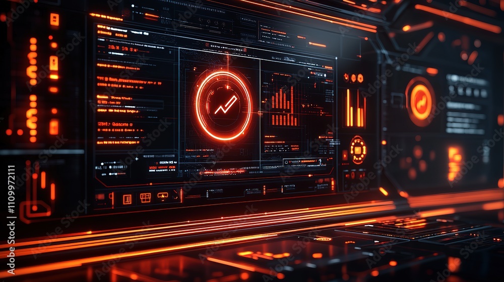Futuristic digital interface with glowing orange and black displays showing data, graphs, and checkmarks. Futuristic digital interface with glowing orange and black displays showing data, graphs, and checkmarks.