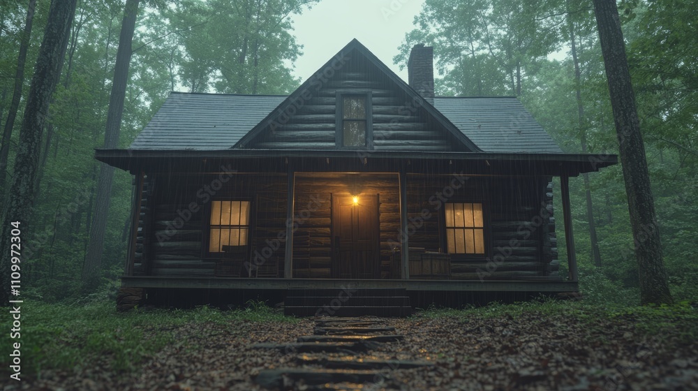A rustic wooden cabin sits in a misty forest with a single lit window. A rustic wooden cabin sits in a misty forest with a single lit window.