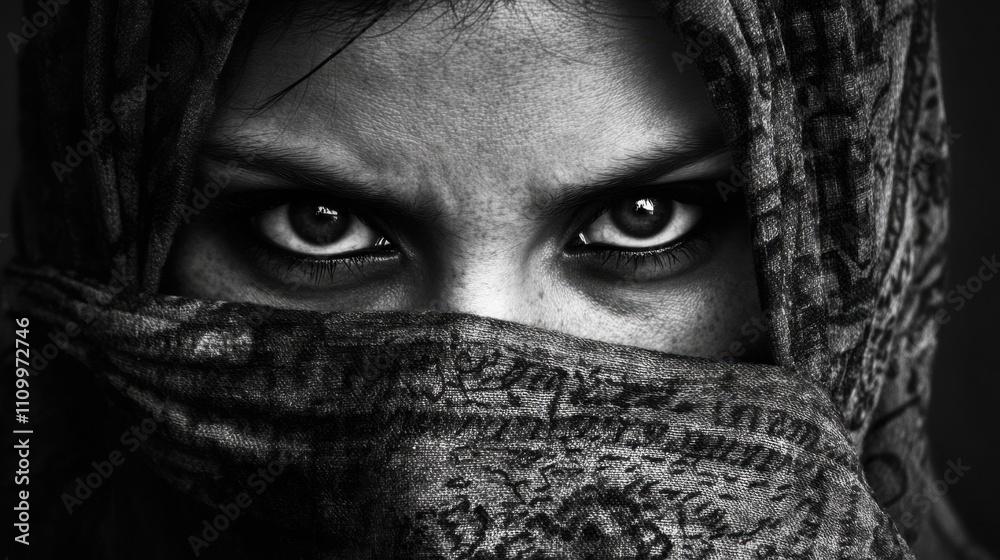 Intense Gaze of Woman with Traditional Scarf and Dark Background Intense Gaze of Woman with Traditional Scarf and Dark Background