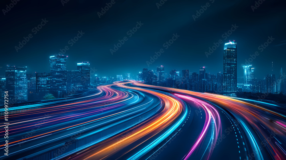 A sleek highway through a futuristic cityscape at night, illuminated by vibrant neon lights, showcasing the vision and strength required for progress. Illuminated. Illustration A sleek highway through a futuristic cityscape at night, illuminated by vibrant neon lights, showcasing the vision and strength required for progress. Illuminated. Illustration