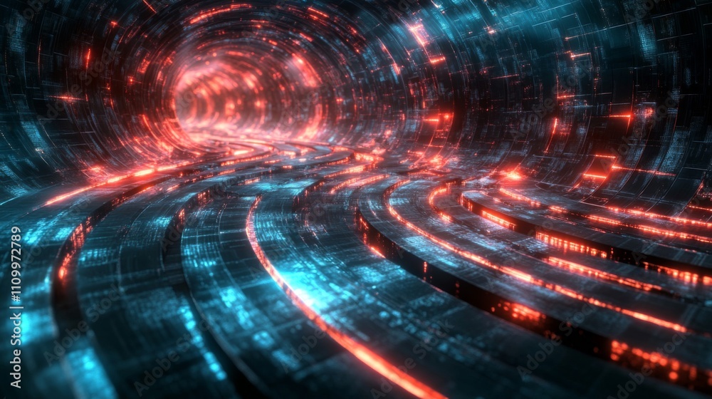 Futuristic Digital Tunnel with Glowing Red and Blue Lines