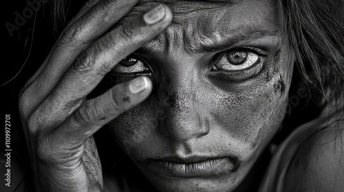 Emotional portrait of a distressed child with dirt on face