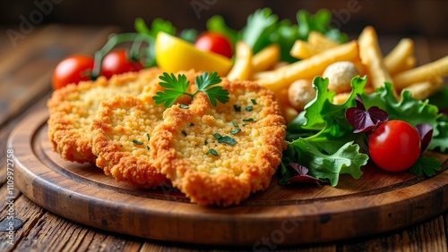 Golden-brown breaded cutlet with seasoned herbs, garnished with fresh lemon wedges and cherry tomatoes