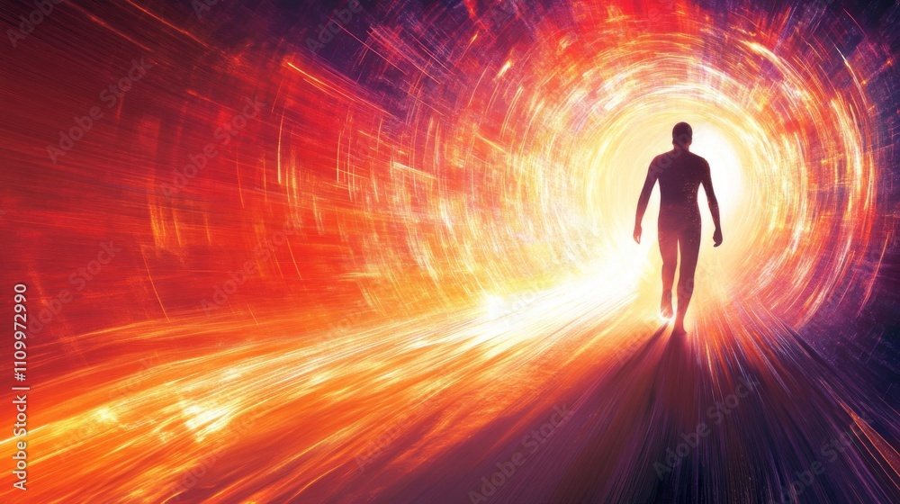 Silhouette of a Person Walking Through a Glowing Tunnel Silhouette of a Person Walking Through a Glowing Tunnel