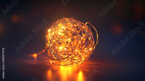 A string of christmas lights tangled into a ball, glowing brightly. Illuminated. Illustration