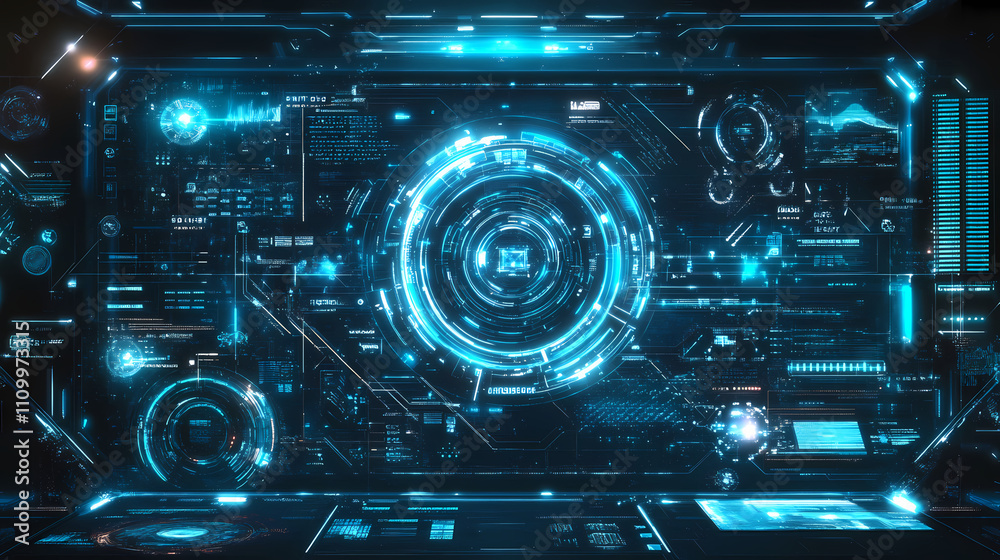 Abstract futuristic blue digital technology interface with lines and glowing lights for digital screens, presentations, and backgrounds. Illuminated. Illustration Abstract futuristic blue digital technology interface with lines and glowing lights for digital screens, presentations, and backgrounds. Illuminated. Illustration