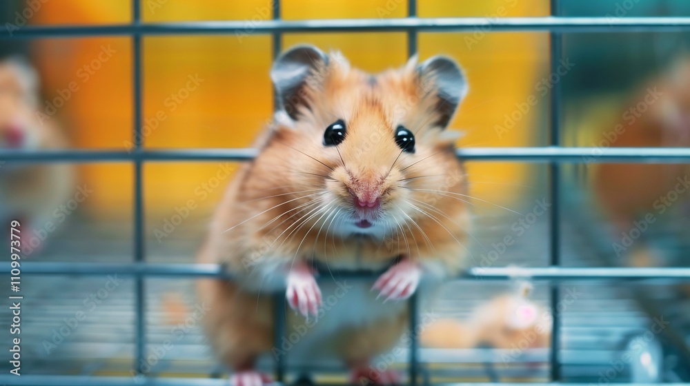 Obraz premium A Captive Hamster in a Cage: A Close-Up Portrait