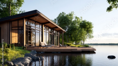 A serene lakeside retreat with a wooden exterior, expansive windows, and a large deck facing the water.