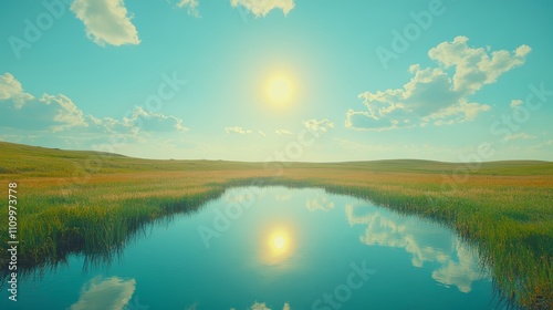 A serene landscape with a small pond surrounded by grassy fields and a bright sun reflecting in the water.