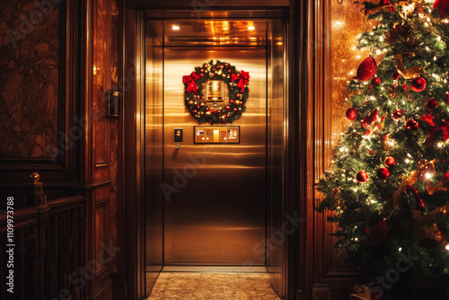 Vintage Christmas Elevator: Festive Hotel Interior with Wreath and Tree