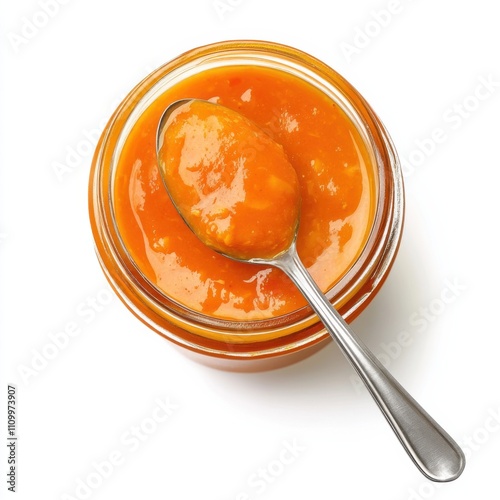 A jar of tangy mango habanero sauce with a spoon, isolated white background, hyperrealism art style