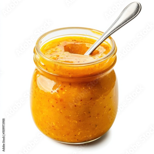 A jar of tangy mango habanero sauce with a spoon, isolated white background, hyperrealism art style