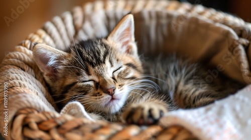 Adorable Kitten Sleeping Peacefully in a Wicker Basket