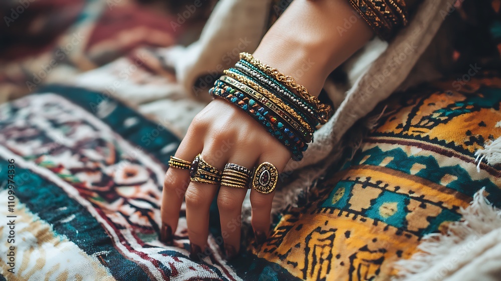 Close-up of woman's hand adorned with colorful bracelets and rings, resting on a patterned fabric. Close-up of woman's hand adorned with colorful bracelets and rings, resting on a patterned fabric.