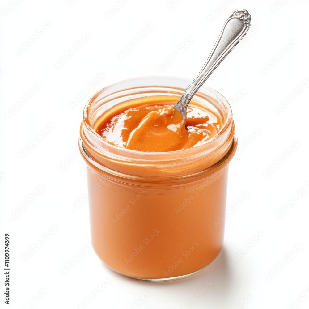 A jar of tangy sriracha mayo sauce with a spoon, isolated white background, hyperrealism art style A jar of tangy sriracha mayo sauce with a spoon, isolated white background, hyperrealism art style