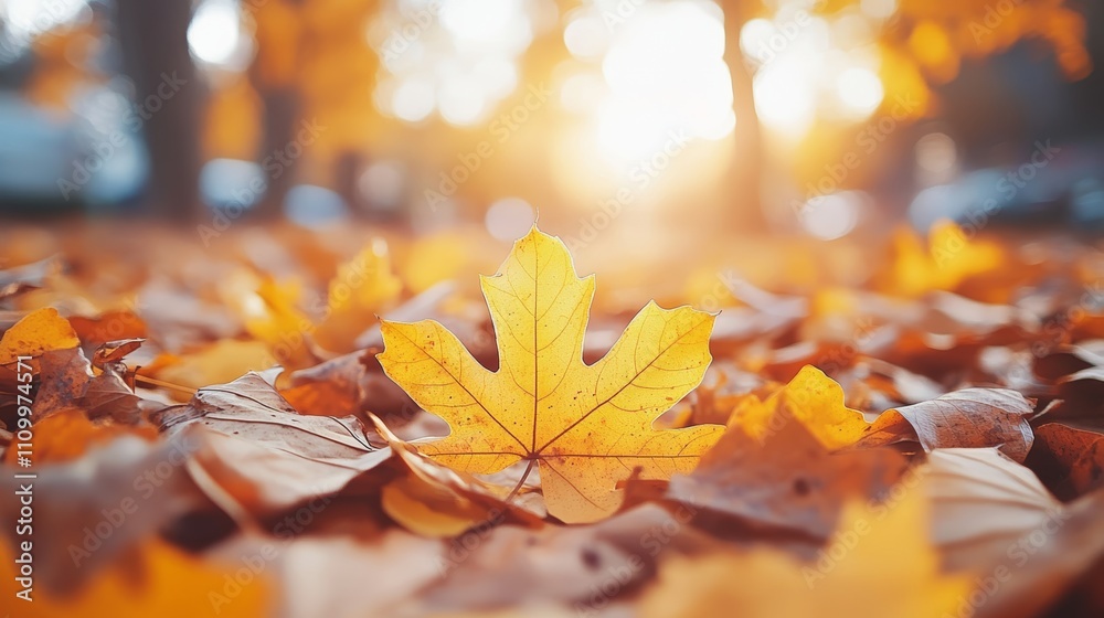 A single golden maple leaf sits in a bed of fallen leaves with the sun shining through the branches in the background. A single golden maple leaf sits in a bed of fallen leaves with the sun shining through the branches in the background.